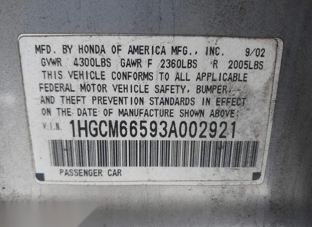 1HGCM66593A002921 2003 2003 Honda Accord- 3-0 EX 9