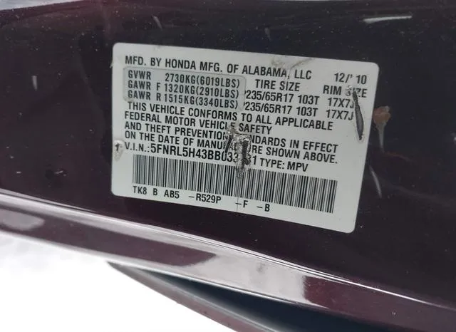 5FNRL5H43BB033131 2011 2011 Honda Odyssey- EX 9