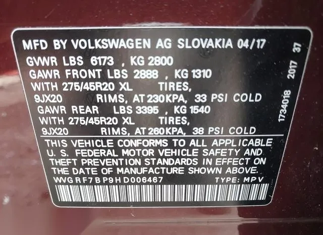 WVGRF7BP9HD006467 2017 2017 Volkswagen Touareg- V6 Wolfsbur 9