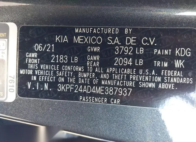 3KPF24AD4ME387937 2021 2021 KIA Forte- Lxs 9