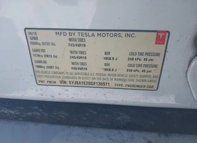 5YJSA1E20GF136971 2016 2016 Tesla Model S- 60D/70D/75D/85D/90D 9