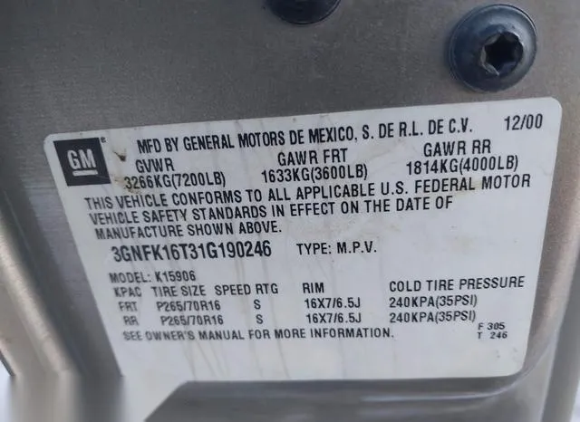 3GNFK16T31G190246 2001 2001 Chevrolet Suburban 1500- LS 9