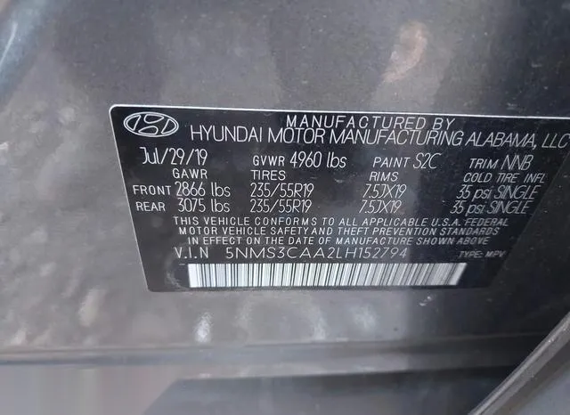 5NMS3CAA2LH152794 2020 2020 Hyundai Santa Fe- Sel 2-0T 9