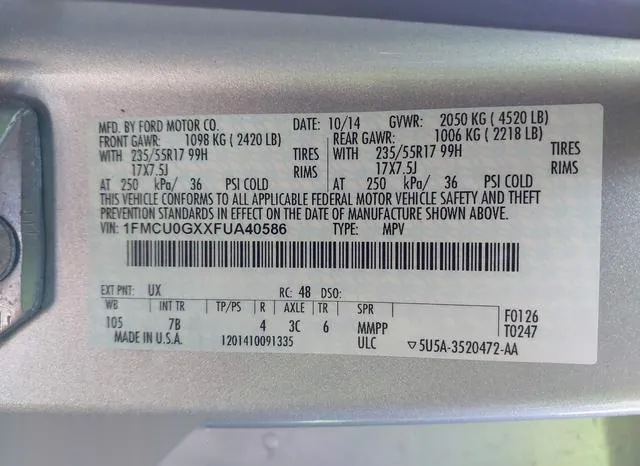 1FMCU0GXXFUA40586 2015 2015 Ford Escape- SE 9