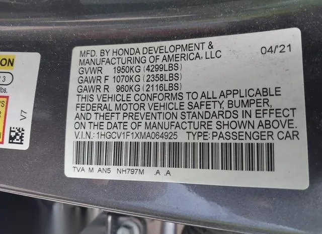 1HGCV1F1XMA064925 2021 2021 Honda Accord- LX 9