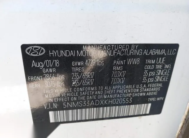 5NMS33ADXKH020553 2019 2019 Hyundai Santa Fe- Sel 9