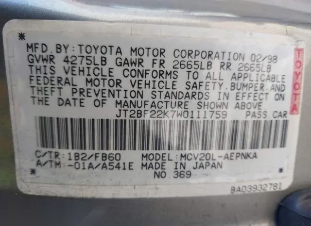 JT2BF22K7W0111759 1998 1998 Toyota Camry- Le V6 9