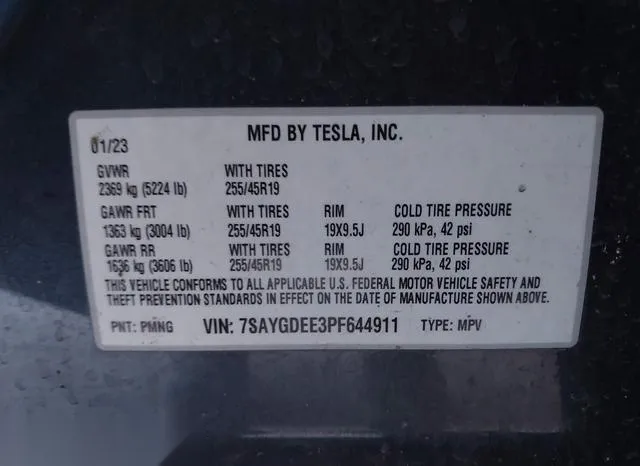 7SAYGDEE3PF644911 2023 2023 Tesla Model Y- Awd/Long Range D 9