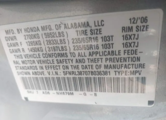 5FNRL38707B036381 2007 2007 Honda Odyssey- Ex-L 9