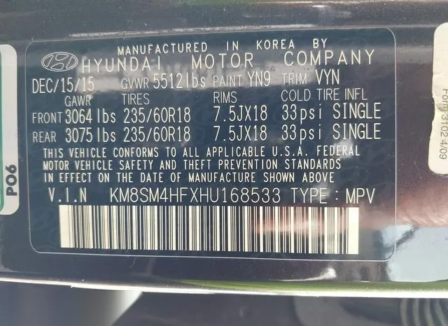 KM8SM4HFXHU168533 2017 2017 Hyundai Santa Fe- SE 9