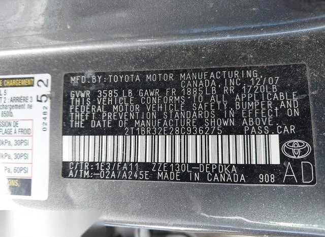 2T1BR32E28C936275 2008 2008 Toyota Corolla- CE 9