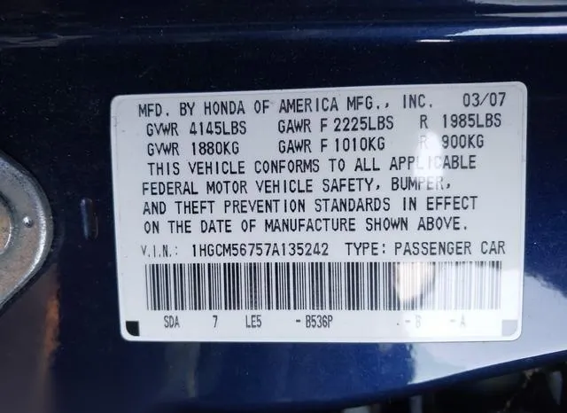 1HGCM56757A135242 2007 2007 Honda Accord- 2-4 EX 9