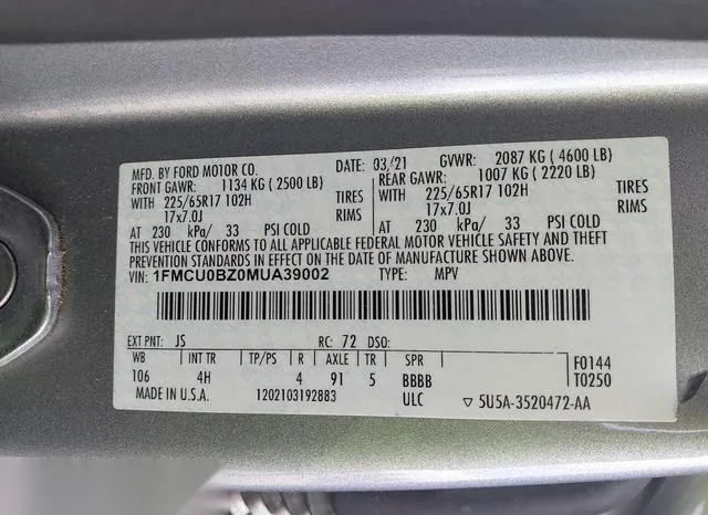 1FMCU0BZ0MUA39002 2021 2021 Ford Escape- Se Hybrid 9