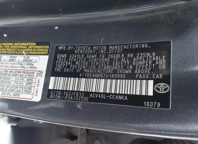 4T1BE46K67U189990 2007 2007 Toyota Camry- LE 9