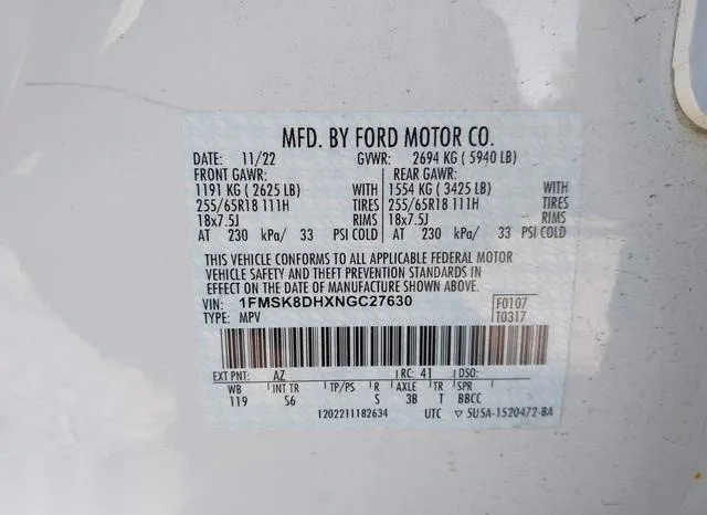 1FMSK8DHXNGC27630 2022 2022 Ford Explorer- Xlt 9