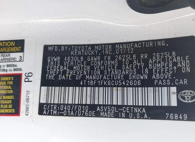 4T1BF1FK6CU542606 2012 2012 Toyota Camry- LE 9