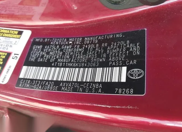 4T1B11HK6KU843063 2019 2019 Toyota Camry- LE 9