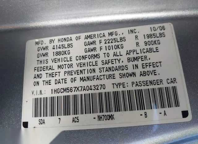 1HGCM567X7A043270 2007 2007 Honda Accord- 2-4 EX 9