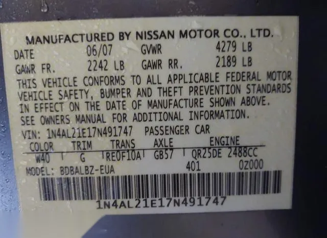 1N4AL21E17N491747 2007 2007 Nissan Altima- 2-5 S 9