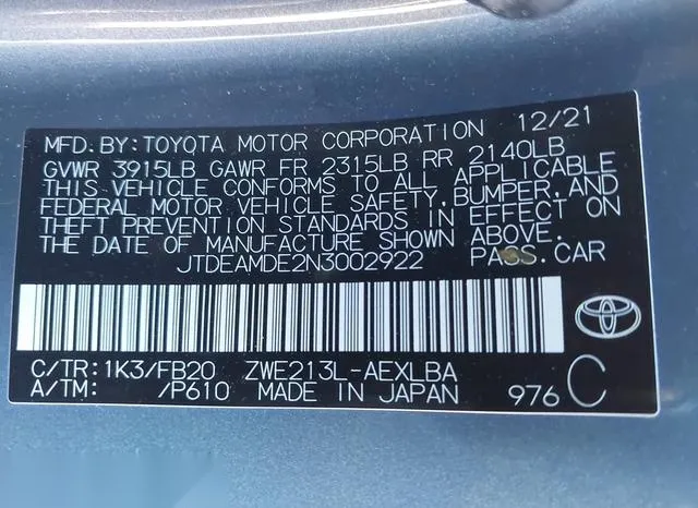 JTDEAMDE2N3002922 2022 2022 Toyota Corolla- Hybrid Le 9