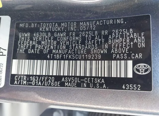 4T1BF1FK5CU119239 2012 2012 Toyota Camry- SE 9