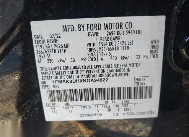 1FMSK8DHXNGA94822 2022 2022 Ford Explorer- Xlt 9