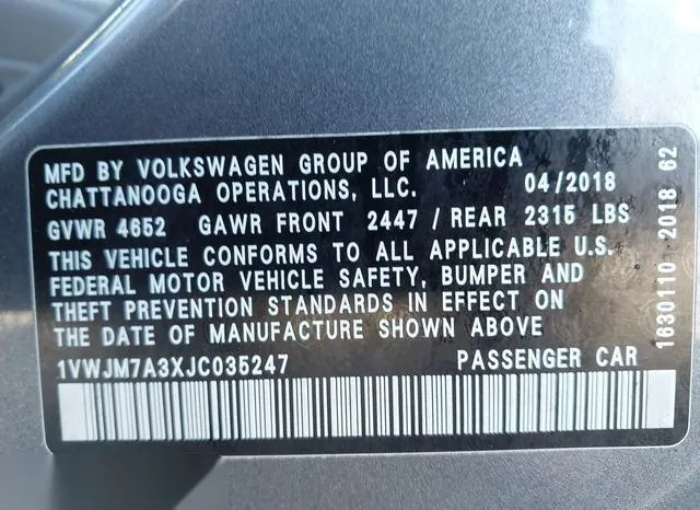 1VWJM7A3XJC035247 2018 2018 Volkswagen Passat- 3-6L V6 Gt 9