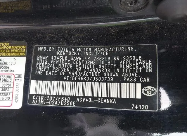 4T1BE46K37U503739 2007 2007 Toyota Camry- LE 9