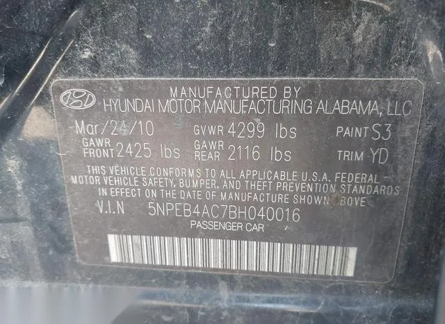 5NPEB4AC7BH040016 2011 2011 Hyundai Sonata- Gls 9