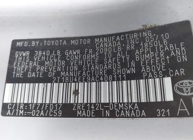 2T1BU4EE9AC408111 2010 2010 Toyota Corolla- S 9