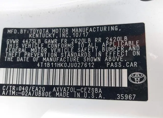 4T1B11HK0JU027612 2018 2018 Toyota Camry- SE 9