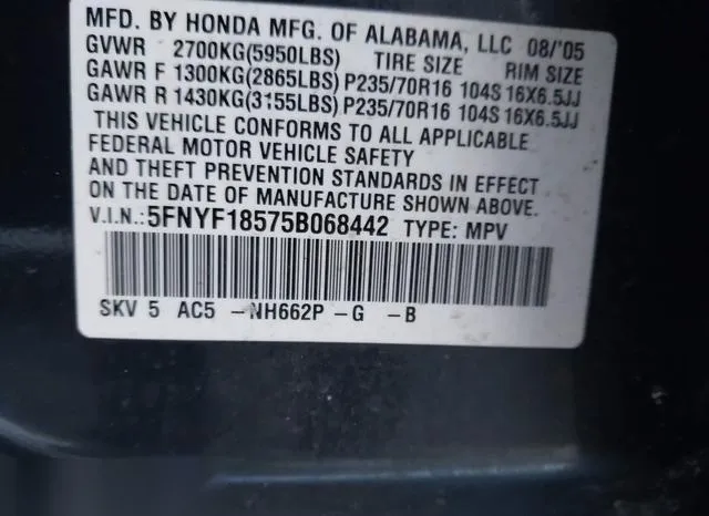 5FNYF18575B068442 2005 2005 Honda Pilot- Ex-L 9