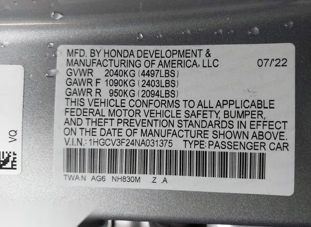 1HGCV3F24NA031375 2022 2022 Honda Accord- Hybrid Sport 8