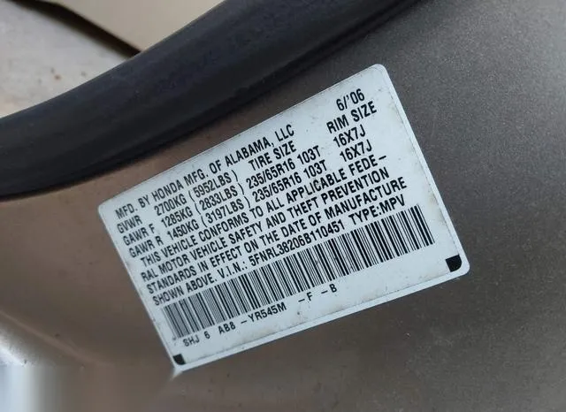 5FNRL38206B110451 2006 2006 Honda Odyssey- LX 9