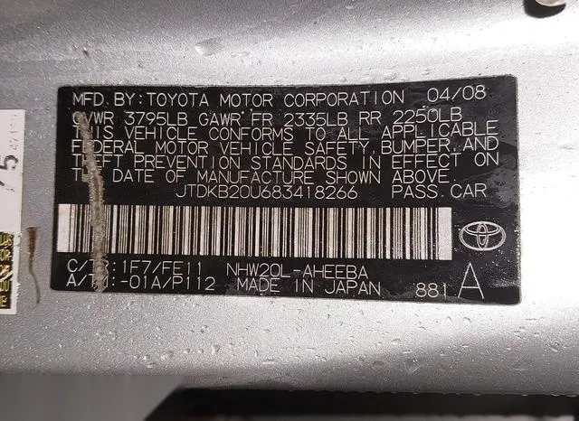 JTDKB20U683418266 2008 2008 Toyota Prius 9