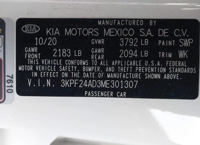 3KPF24AD3ME301307 2021 2021 KIA Forte- Lxs 9