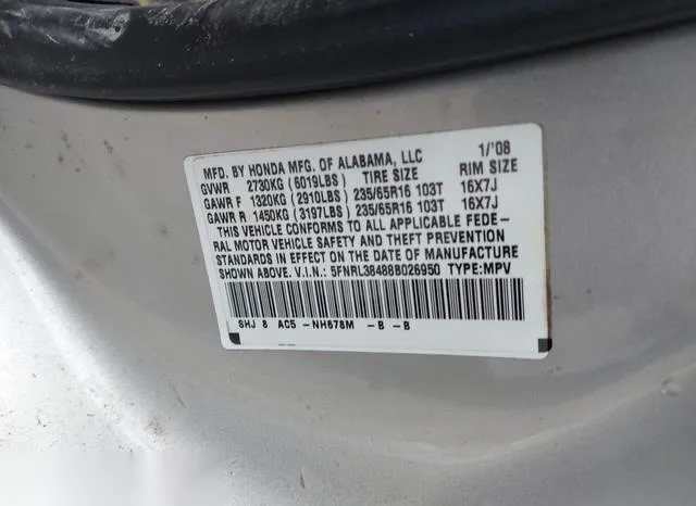 5FNRL38488B026950 2008 2008 Honda Odyssey- EX 9