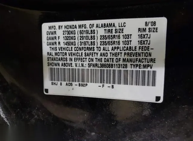 5FNRL38608B113128 2008 2008 Honda Odyssey- Ex-L 9