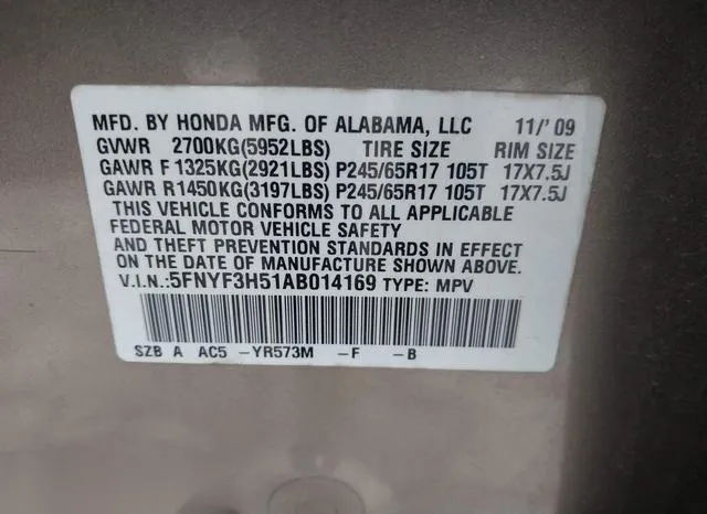 5FNYF3H51AB014169 2010 2010 Honda Pilot- Ex-L 9