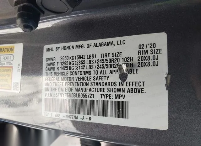 5FNYF6H03LB055721 2020 2020 Honda Pilot- Awd Elite 9