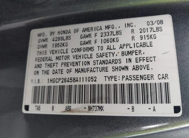 1HGCP26458A111052 2008 2008 Honda Accord- 2-4 Lx-P 9