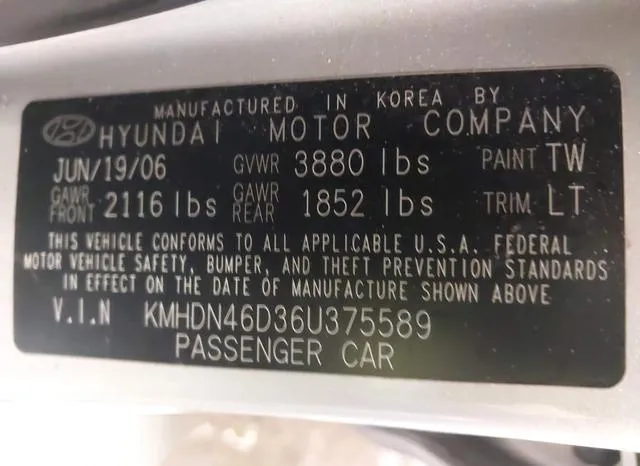 KMHDN46D36U375589 2006 2006 Hyundai Elantra- Gls/Limited 9