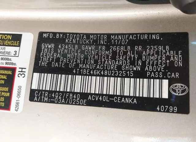 4T1BE46K48U232515 2008 2008 Toyota Camry 9