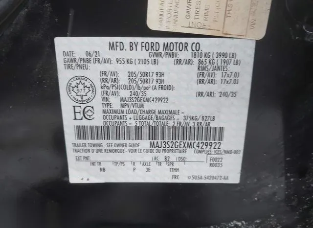 MAJ3S2GEXMC429922 2021 2021 Ford Ecosport- SE 9