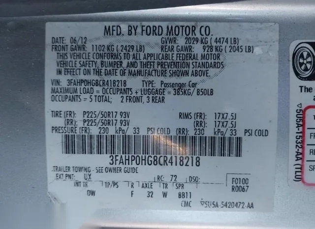 3FAHP0HG8CR418218 2012 2012 Ford Fusion- SE 9