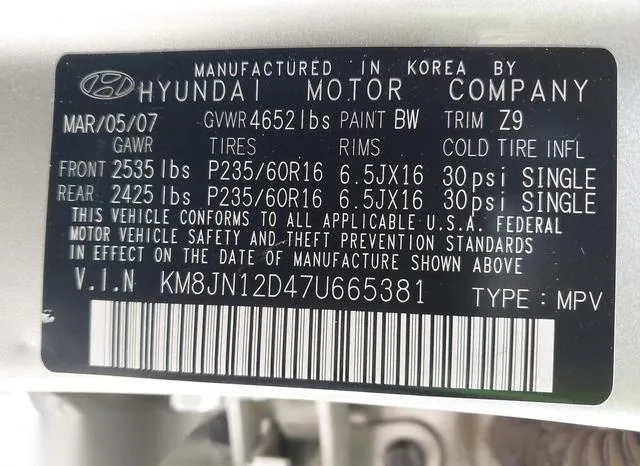 KM8JN12D47U665381 2007 2007 Hyundai Tucson- Limited/Se 9