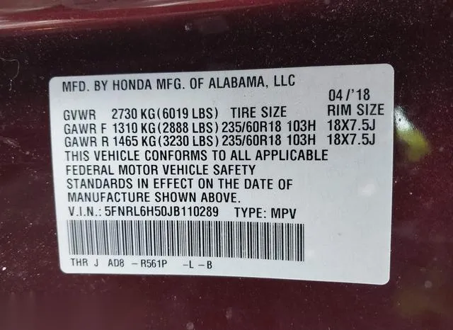 5FNRL6H50JB110289 2018 2018 Honda Odyssey- EX 9