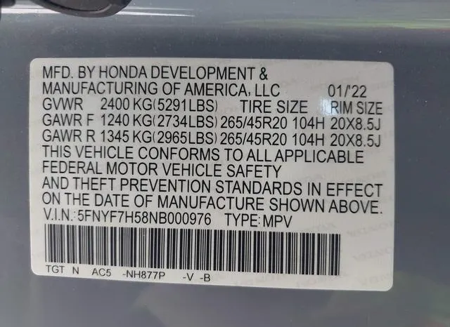 5FNYF7H58NB000976 2022 2022 Honda Passport- 2Wd Ex-L 9