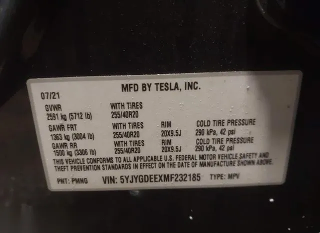 5YJYGDEEXMF232185 2021 2021 Tesla Model Y- Long Range Dual 9