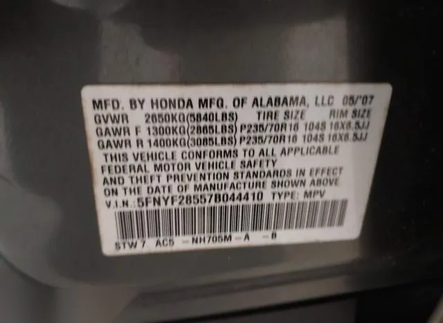 5FNYF28557B044410 2007 2007 Honda Pilot- Ex-L 9